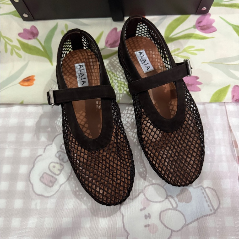 Alaïa Black Mesh Mary Jane Flats with Buckle Strap